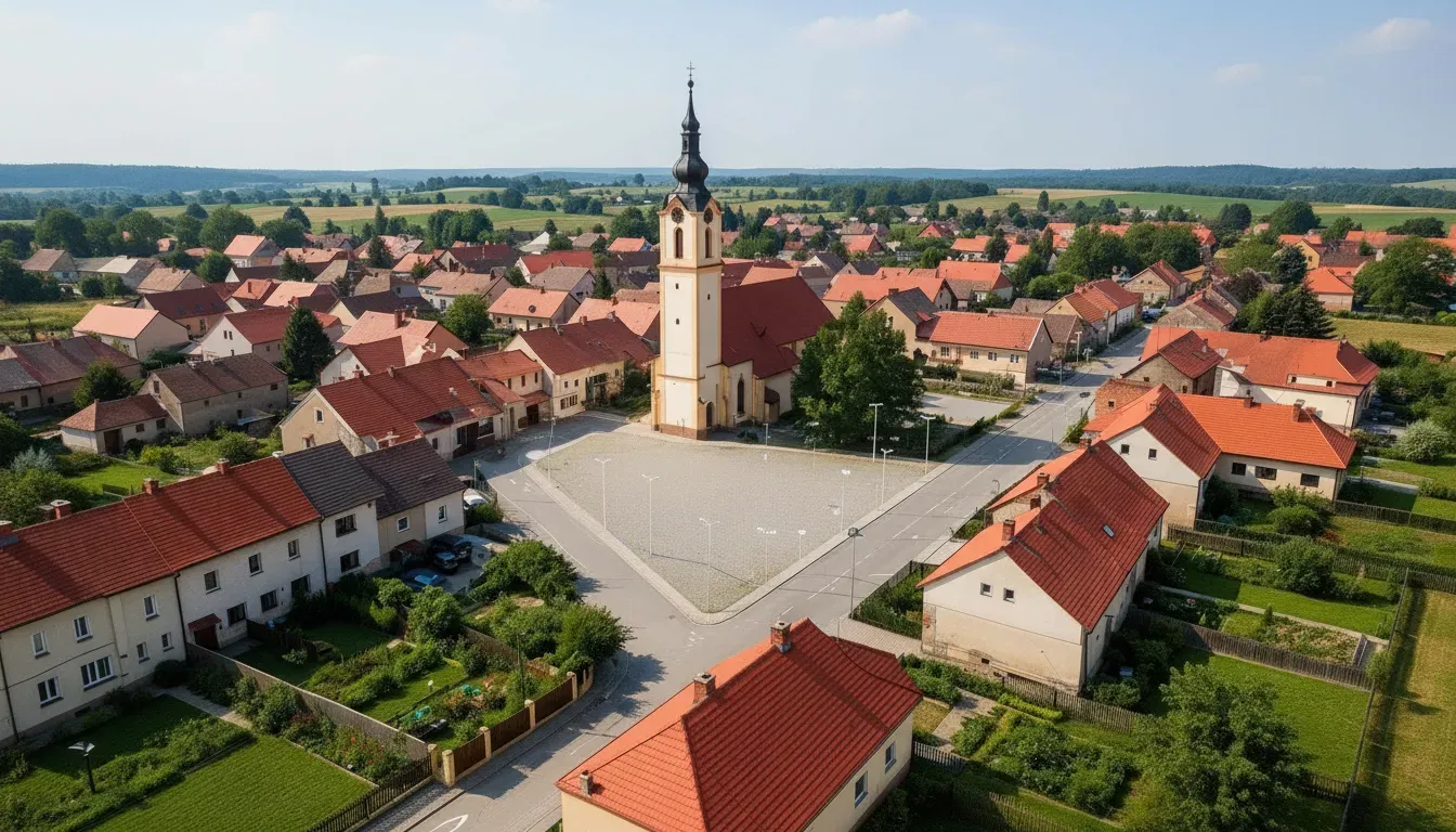 Letecký pohled na českou obec s mapovým překryvem